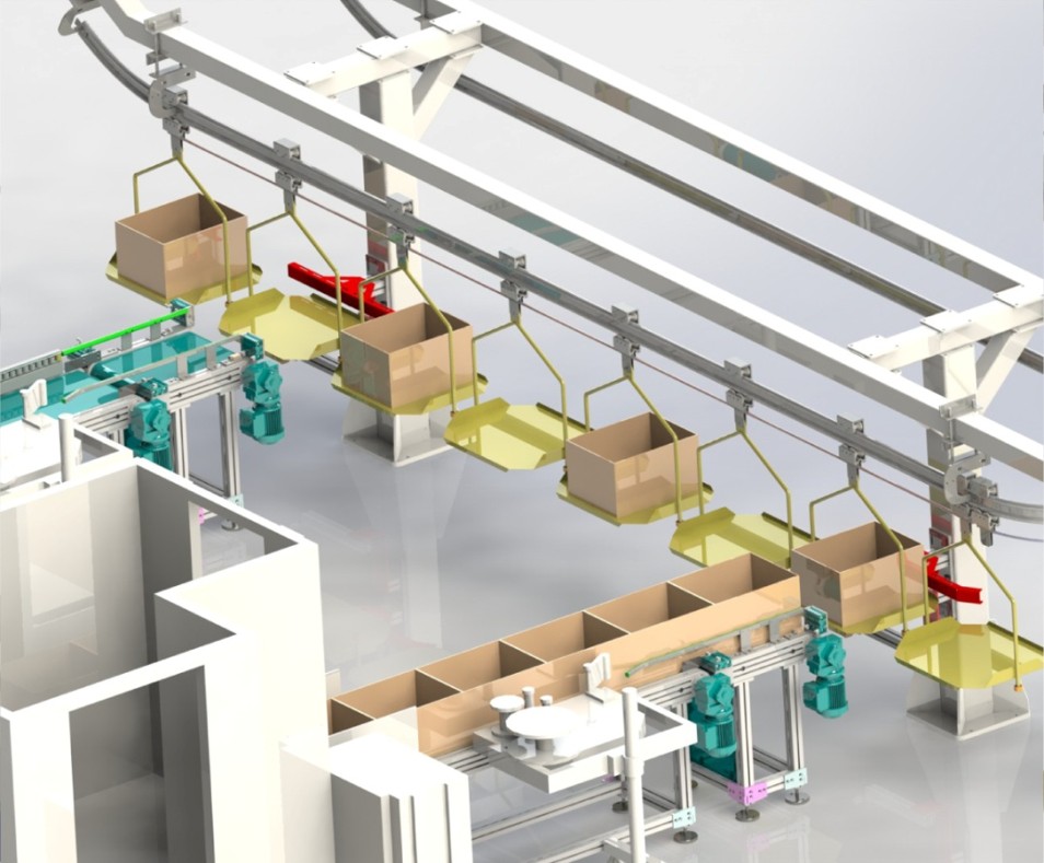 3D de un transportador aéreo de cajas vacías